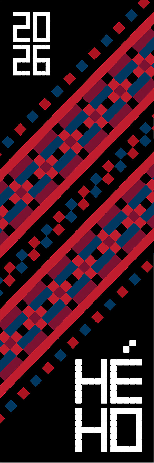 Illustration of a red and blue pixel sash on black background.