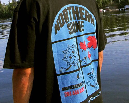 Graphic of a back of a t-shirt with blue illustration of a sun with hands.