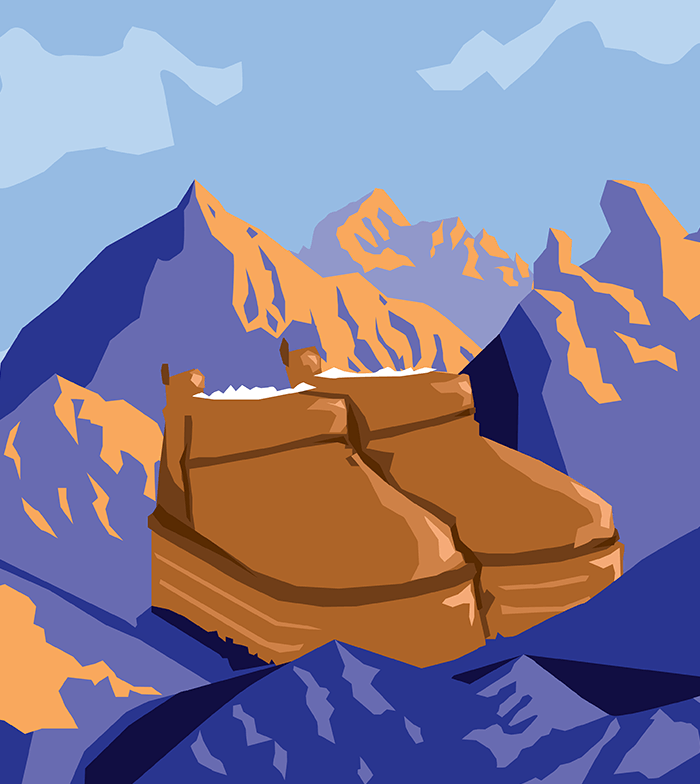 Illustration of two Ugg boots in purple mountain landscape.