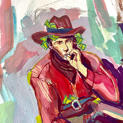 Painting of a cowboys with money falling out of his hat, smoking a cigarette.