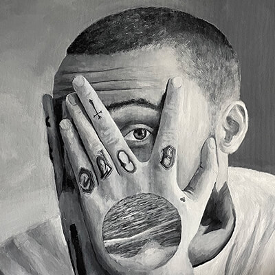 Black and white painting of Mac Miller.